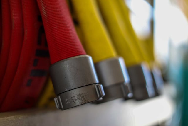 Fire hoses are neatly organized in the bay at the East Contra Costa Fire Protection District, Station 52, in Brentwood, in 2021. A vegetation fire burned there on Thursday.