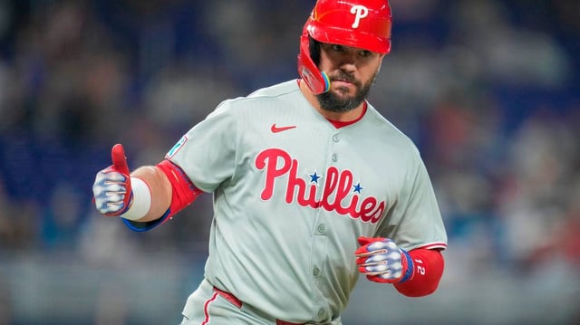 Kyle Schwarber of the Philadelphia Phillies rounds the bases after hitting a solo home run during the eighth inning against the Miami Marlins at loanDepot park on Thursday, June 19, 2025, in Miami. (Jared Lennon/Getty Images/TNS)