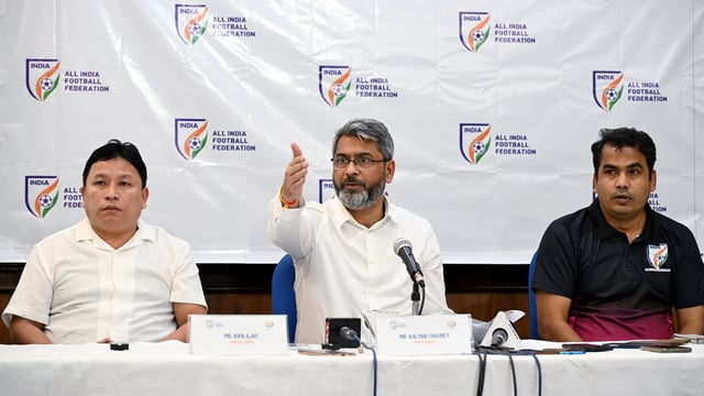 All India Football Federation president Kalyan Chaubey (centre) flanked by the federation's treasurer Kipa Ajay (left) and technical director Syed Sabir Pasha at last Friday's media conference in New Delhi. 
