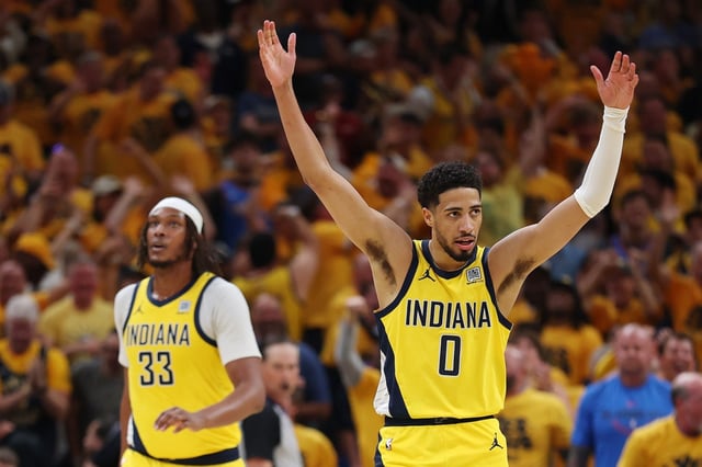 The Pacers’ Tyrese Haliburton (0) celebrates a basket against the Thunder during the second quarter in Game 6 of the NBA Finals at Gainbridge Fieldhouse on June 19, 2025, in Indianapolis. Haliburton scored 14 points in the Pacers’ 108-91 win. (Maddie Meyer/Getty Images)