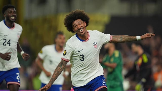 United States of America defender Chris Richards celebrates his second-half goal that proved to be the game winner in a 1-0 victory over Saudi Arabia in a Gold Cup group stage match on Thursday at Q2 Stadium in Austin, Texas.