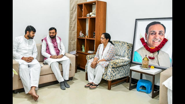 Haryana chief minister Nayab Saini meets former Gujarat CM Vijay Rupani's wife Anjali Rupani and son Rushabh Rupani, and expressed condolences on his demise, in Gandhinagar on Thursday. (ANI)