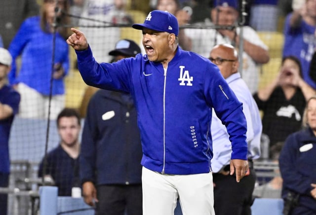 Dodgers manager Dave Roberts reacts after the benches cleared when San Diego Padres star Fernando Tatis Jr. (not pictured) was hit by a pitch from Dodgers relief pitcher Jack Little (not pictured) during the ninth inning on Thursday, June 19, 2025, at Dodger Stadium. (Photo by Keith Birmingham, Orange County Register/SCNG)