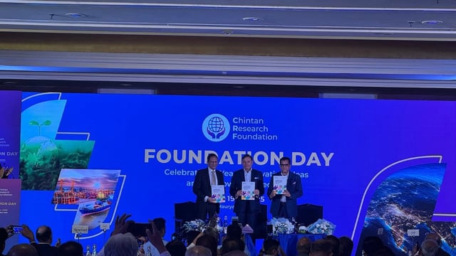 CRF President Shishir Priyadarshi, Pranav Adani, and Amitabh Kant launch the CRF’s first annual report | Photo: Sagrika Kissu, ThePrint