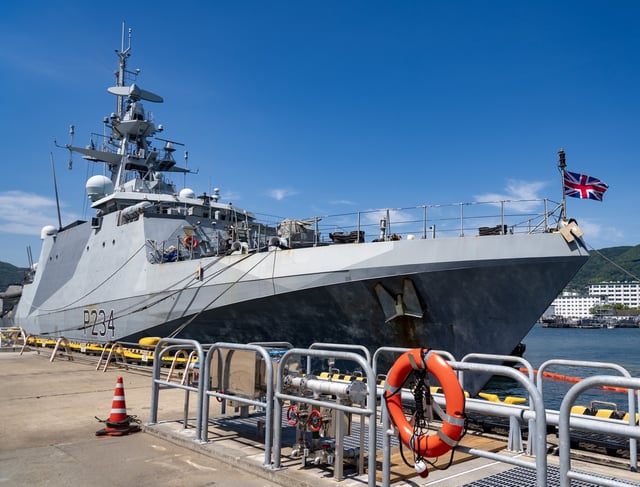 The Royal Navy patrol vessel HMS Spey is moored pier side during a scheduled port visit at Sasebo naval base in Japan on June 5, 2025.