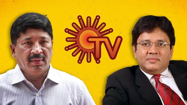 Dayanidhi and Kalanithi Maran with the Sun TV logo