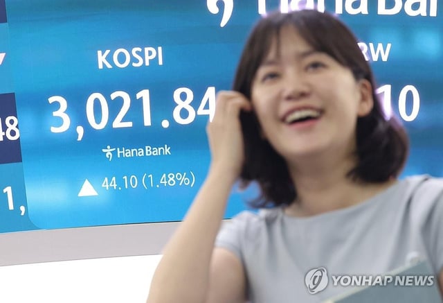 An electronic signboard at Hana Bank in central Seoul shows the benchmark Korea Composite Stock Price Index (KOSPI) hit the 3,000-point mark for the first time in more than three years on June 20, 2025. (Yonhap)