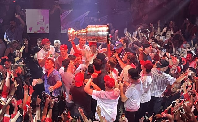 Florida Panthers players celebrate at nightclub E11EVEN Miami, with Brad Marchand hoisting the Stanley Cup, on Thursday, June 19, 2025. (David Furones / Sun Sentinel)
