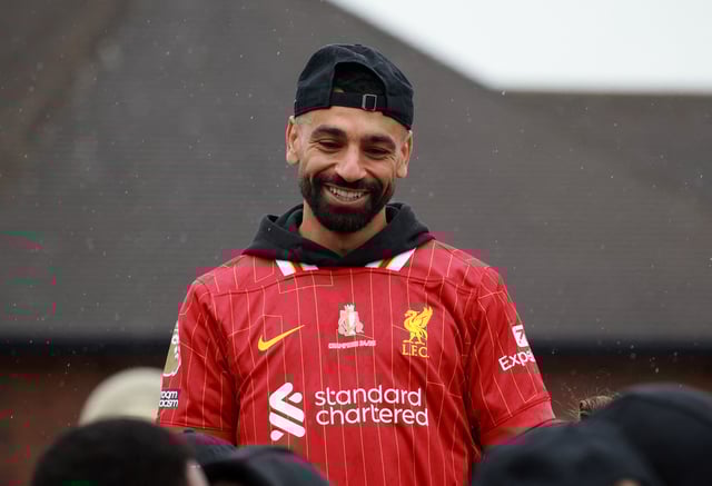 Soccer Football - Premier League - Liverpool Victory Parade - Liverpool, Britain - May 26, 2025 Liverpool's Mohamed Salah reacts during the Victory Parade after winning the Premier League REUTERS/Phil Noble/File Photo