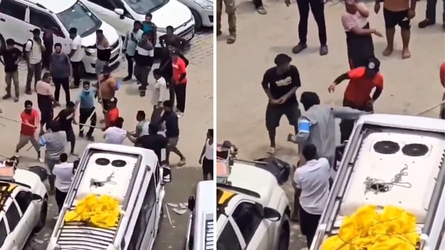 The footage, now viral on social media, captures men attacking each other with wooden sticks. 