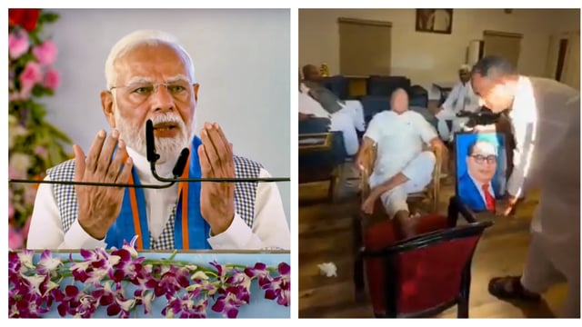 (Left to right) Prime Minister Narendra Modi at a rally in Siwan and a screenshot of the purported video showing a portrait of BR Ambedkar during Lalu Prasad Yadav's birthday celebration.