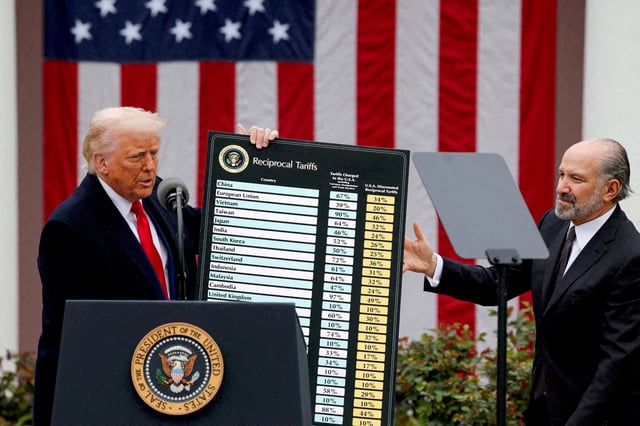 U.S. President Donald Trump holds a chart next to U.S. Secretary of Commerce Howard Lutnick as Trump delivers remarks on tariffs in the Rose Garden at the White House in Washington, D.C., U.S., April 2, 2025. REUTERS/Carlos Barria/File Photo
