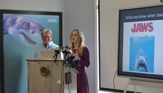 State marine biologist Gregory Skomal, left, and Atlantic White Shark Conservancy senior scientist Megan Winton talk about the impact of the movie "Jaws" and the influence it had on the image of white sharks.