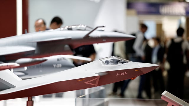 Models of military jets, including the J-35A stealth fighter, are displayed at the Avic Chengdu Aircraft pavilion, during the 55th International Paris Airshow at Le Bourget Airport near Paris, France, June 18, 2025.