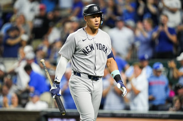 KANSAS CITY, MISSOURI - JUNE 12: Aaron Judge #99 of the New York Yankees reacts during the eighth inning against the Kansas City Royals at Kauffman Stadium on June 12, 2025 in Kansas City, Missouri.