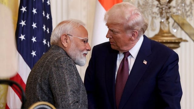 US President Donald Trump and PM Narendra Modi during a news conference in the East Room of the White House in Washington DC on on February 13, 2025.