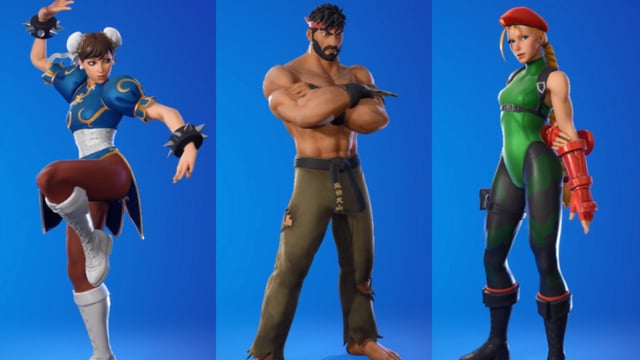 Fortnite Street Fighter characters: Chun Li, Ryu, Cammy