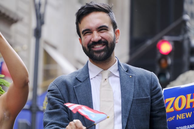 NEW YORK, NY - JUNE 8: Zohran Mamdani at the 2025 National Puerto Rican Day Parade along with Alexandria Ocasio-Cortez June 8, 2025 in New York City.