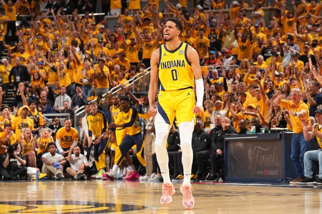 Tyrese Haliburton #0 of the Indiana Pacers celebrates during the game against the Oklahoma City Thunder during Game Six of the 2025 NBA Finals on June 19, 2025 at Gainbridge Fieldhouse in Indianapolis, Indiana.