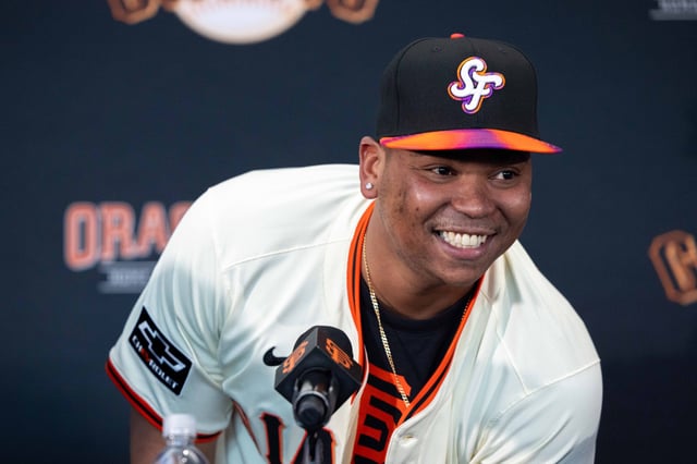 Rafael Devers speaks during a press conference at Oracle Park in San Francisco to announce that Devers has left the Boston Red Sox to join the San Francisco Giants on Tuesday June 17, 2025.