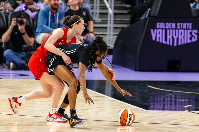 SAN FRANCISCO, CA - JUNE 19: Indiana Fever guard Caitlin Clark (22) fouls Golden State Valkyries guard Tiffany Hayes (15) during a WNBA game on June 19, 2025 at Chase Center in San Francisco, CA. (Photo by Matthew Huang/Icon Sportswire via Getty Images)