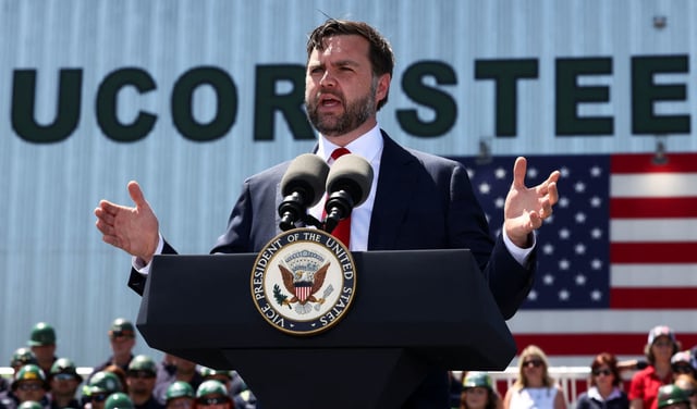 U.S. Vice President JD Vance speaks, during a tour of Nucor Steel Berkeley in Huger, South Carolina, U.S., May 1, 2025.
