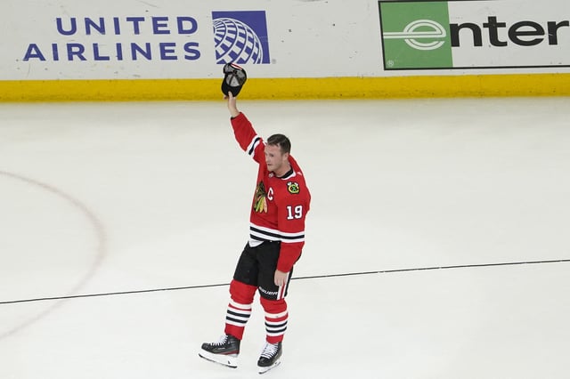 Apr 13, 2023; Chicago, Illinois, USA; Chicago Blackhawks center Jonathan Toews (19) is honored after the game against the Philadelphia Flyers. He played his last game as a Blackhawk, at United Center. Mandatory Credit: David Banks-USA TODAY Sports/File Photo