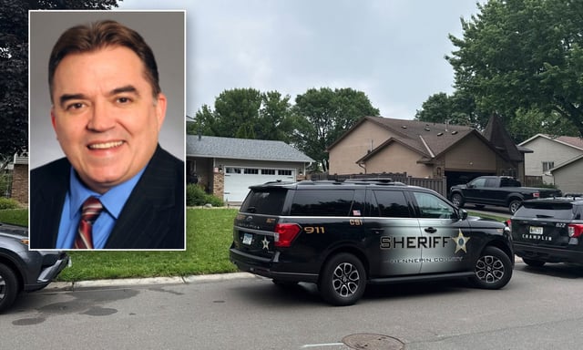 Police respond to the  Champlin, Minn., home of State Sen. John Hoffman (inset) and his wife, who were shot multiple times on June 14, 2025. (AP)