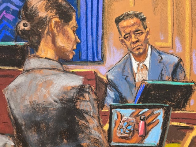 Assistant U.S. Attorney Christy Slavik questions Brendan Paul during Sean "Diddy" Combs' sex trafficking trial in New York City, New York, U.S., June 20, 2025 in this courtroom sketch. REUTERS/Jane Rosenberg