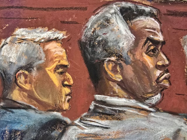 Sean "Diddy" Combs sits beside lawyer Brian Steel as he listens as Assistant U.S. Attorney Christy Slavik questions Brendan Paul during Combs' sex trafficking trial in New York City, New York, U.S., June 20, 2025 in this courtroom sketch. REUTERS/Jane Rosenberg
