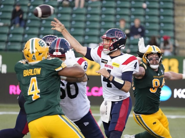 Montreal Alouettes quarterback McLeod Bethel-Thompson (4) throws a pass against the Edmonton Elks during second-half CFL action on Thursday, June 19, 2025, in Edmonton.