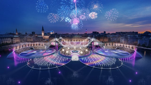 So könnte es aussehen: Der Senat will die Binnenalster in ein olympisches Stadion verwandeln.