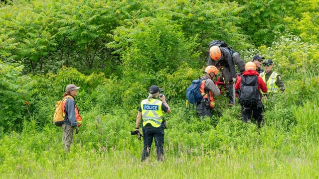 Police and rescue workers search the woods beside a highway for a missing three-year-old girl in Vaudreuil-Dorion, Que., Tuesday, June 17, 2025.