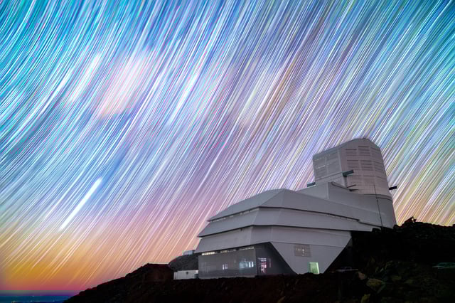 Stars wheel above the Vera C. Rubin Observatory, which sits atop Cerro Pachón in Chile. Credit: NSF-DOE Vera C. Rubin Observatory/H. Stockebrand