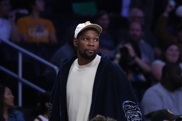 May 27, 2025; Los Angeles, California, USA; Kevin Durant attends a WNBA game between the Atlanta Dream and LA Sparks at Crypto.com Arena. Mandatory Credit: Kirby Lee-Imagn Images/File Photo