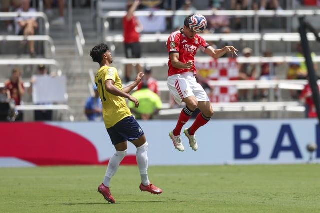 Jun 20, 2025; Orlando, Florida, USA; SL Benfica defender Antonio Silva (4) heads the ball against Auckland City FC forward Haris Zeb (27) during a group stage match of the 2025 FIFA Club World Cup at Inter&Co Stadium. Mandatory Credit: Nathan Ray Seebeck-Imagn Images