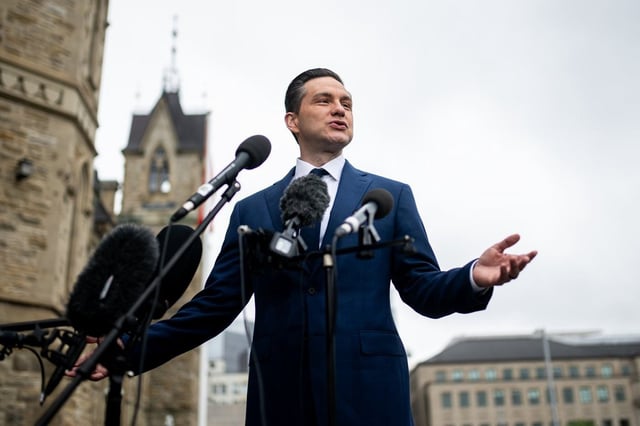Conservative Leader Pierre Poilievre speaks to reporters outside West Block on Parliament Hill in Ottawa on Thursday, May 15, 2025. 