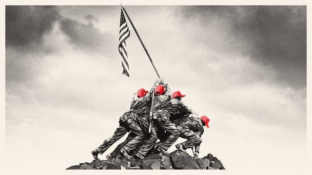 Photo illustration of the Marine Corps War Memorial figures wearing MAGA caps