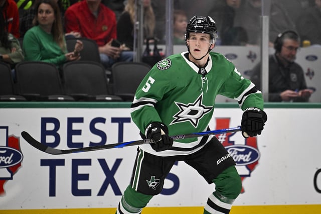 Oct 26, 2024; Dallas, Texas, USA; Dallas Stars defenseman Nils Lundkvist (5) skates against the Chicago Blackhawks during the second period at the American Airlines Center. Mandatory Credit: Jerome Miron-Imagn Images/File Photo