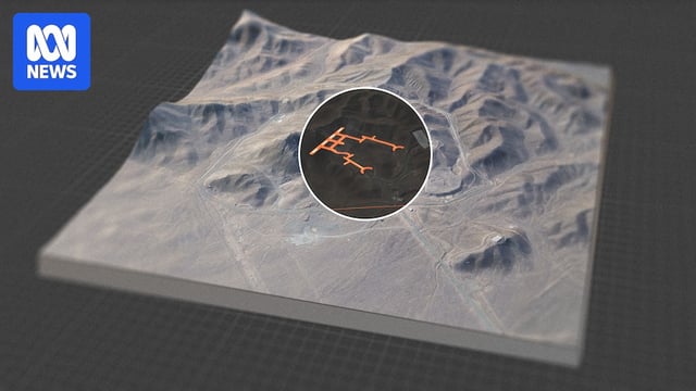 A 3d terrain map showing the mountains and the Fordow plant highlighted in orange 