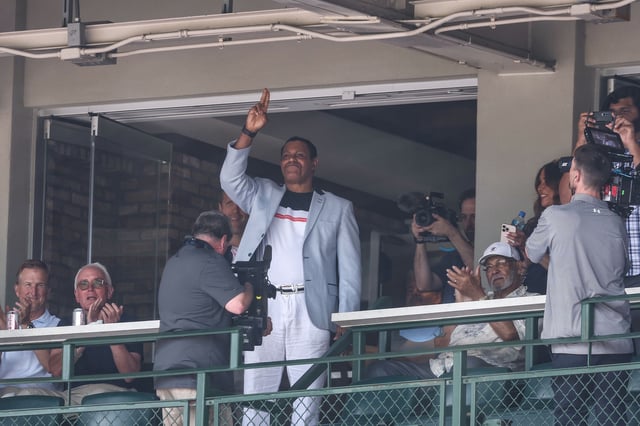 CHICAGO, ILLINOIS - JUNE 20: Former Chicago Cubs star Sammy Sosa waves to the crowd in the second inning during a game against the Seattle Mariners at Wrigley Field on June 20, 2025 in Chicago, Illinois. (Photo by Geoff Stellfox/Getty Images)