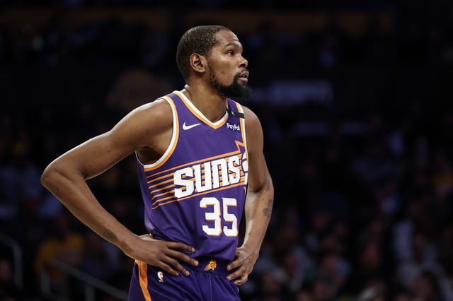 Kevin Durant #35 of the Phoenix Suns looks on in the first half against the Los Angeles Lakers at Crypto.com Arena on March 16, 2025 in Los Angeles, California.