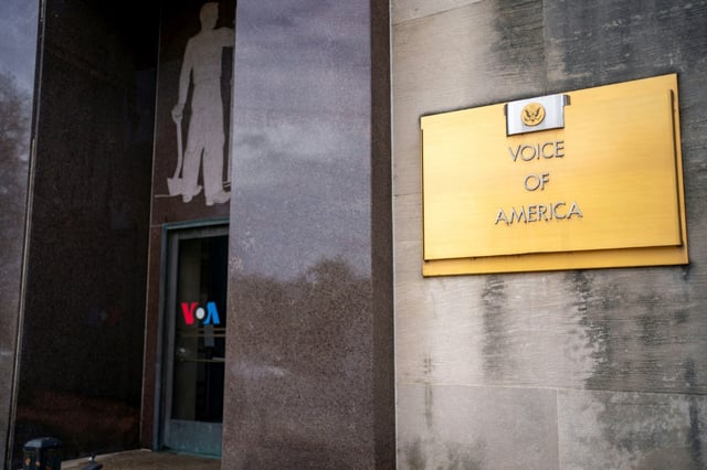 Signage for US broadcaster Voice of America is seen at its Washington office in March 2025