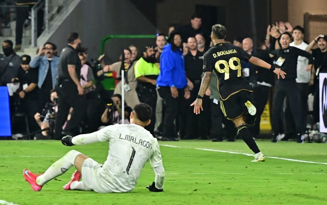 Denis Bouanga celebrates scoring his team&#39;s second goal in extra time during a play-in match between LAFC and Club America for the final spot in the 2025 FIFA Club World Cup, at BMO Stadium in Los Angeles, California, on May 31, 2025.