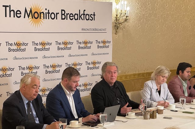 Steve Bannon, political strategist and Trump ally, speaks to reporters at a Monitor Breakfast on June 18, 2025, at the St. Regis Hotel in Washington. 