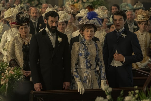 Morgan Spector, Carrie Coon, and Harry Richardson in HBO&#39;s The Gilded Age Season 3.