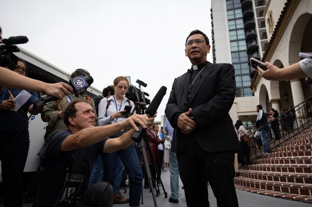 Bishop-Designate Michael Pham speaks outside the Edward J. Schwartz Federal Building in downtown San Diego.    (Ana Ramirez / The San Diego Union-Tribune)