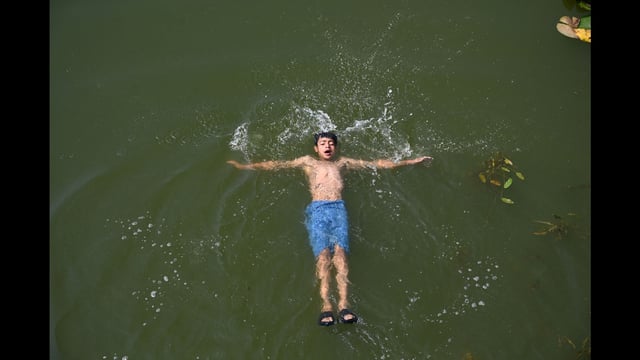A boy swims in a Dal Lake on a hot day in Srinagar on Friday. (Waseem Andrabi /HT)