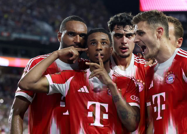 Bayern Munich forward Michael Olise (17) celebrates after scoring Friday.