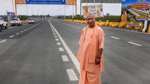 Uttar Pradesh chief minister Yogi Adityanath at the inauguration of the Gorakhpur Link Expressway in Azamgarh on Friday. (PTI Photo)